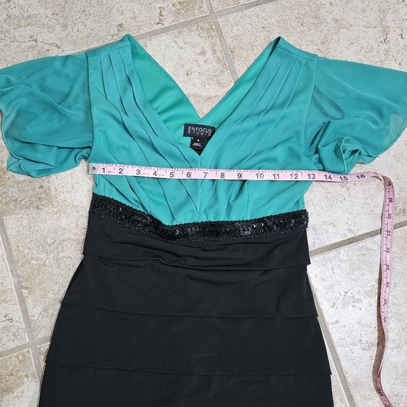 En Focus Studio Green Black Tiered Sheath Dress Sz 4 Sequin Waist Cocktail VTG - Picture 5 of 6